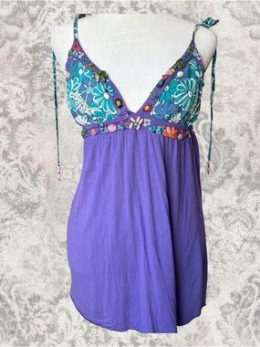 Floral Beaded Purple Teal Summer Spring Y2K Fairy Women’s Medium Cami